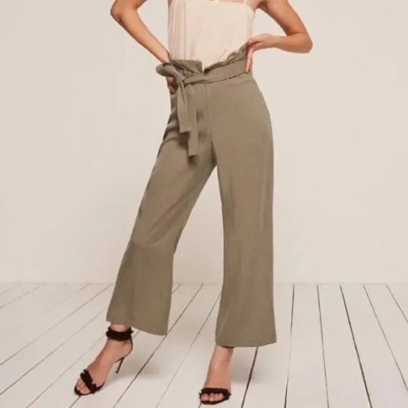 Reformation Gaucho High Waisted Paperbag Tencel Pants Gray/green Wide Leg - Picture 1 of 8
